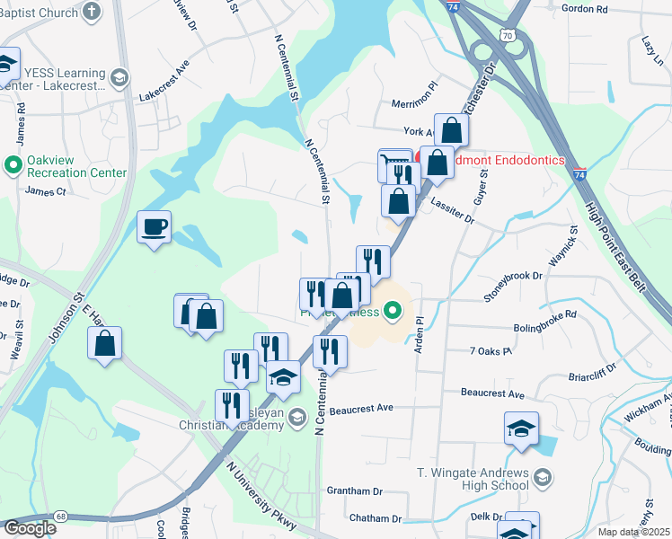 map of restaurants, bars, coffee shops, grocery stores, and more near 2310 North Centennial Street in High Point