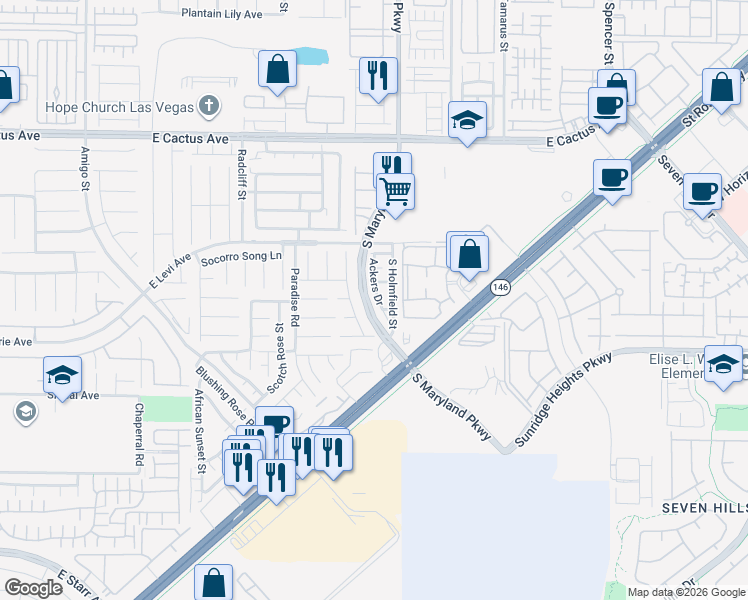 map of restaurants, bars, coffee shops, grocery stores, and more near 10811 Ackers Drive in Henderson