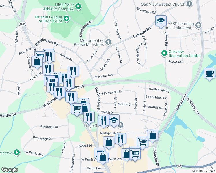 map of restaurants, bars, coffee shops, grocery stores, and more near 114 Sunview Avenue in High Point
