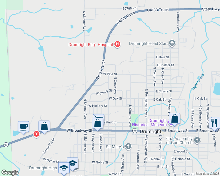 map of restaurants, bars, coffee shops, grocery stores, and more near 603 North Bristow Avenue in Drumright