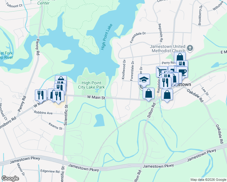 map of restaurants, bars, coffee shops, grocery stores, and more near 105 Knollwood Drive in Jamestown
