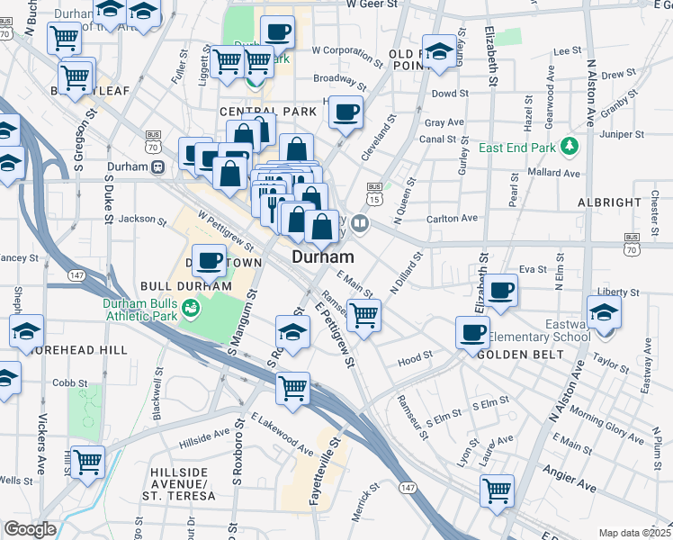 map of restaurants, bars, coffee shops, grocery stores, and more near 326 East Main Street in Durham