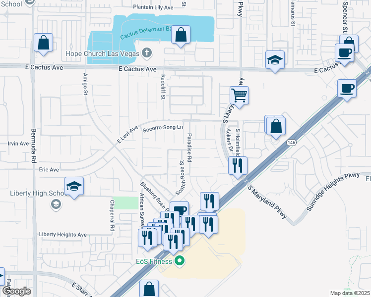 map of restaurants, bars, coffee shops, grocery stores, and more near 990 East Shady Charmer Avenue in Henderson