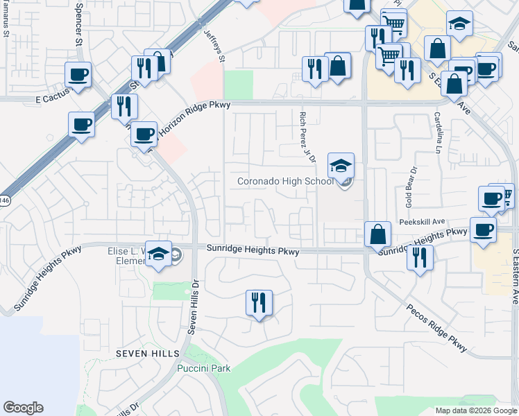 map of restaurants, bars, coffee shops, grocery stores, and more near 2900 Sunridge Heights Parkway in Henderson