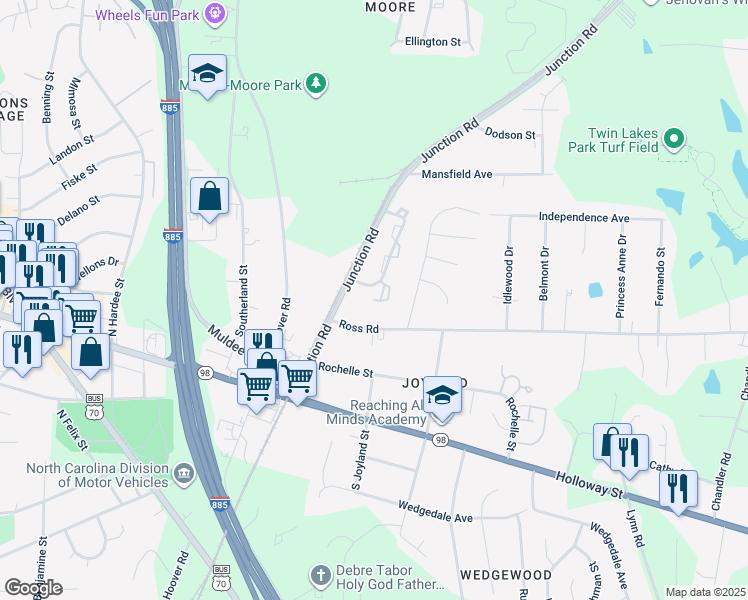 map of restaurants, bars, coffee shops, grocery stores, and more near 322 Junction Road in Durham