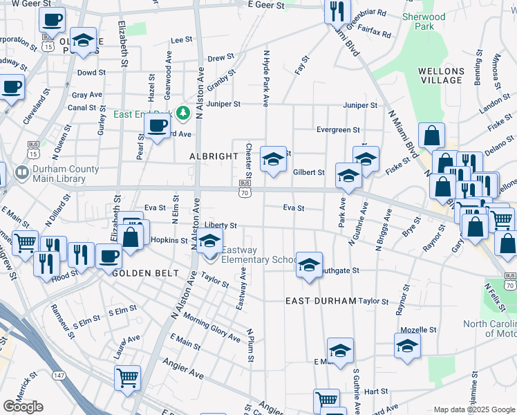 map of restaurants, bars, coffee shops, grocery stores, and more near 713 North Hyde Park Avenue in Durham