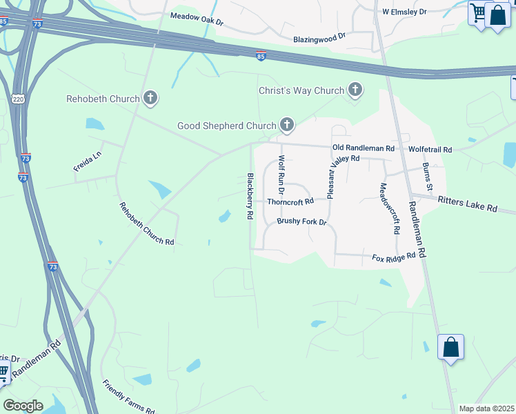 map of restaurants, bars, coffee shops, grocery stores, and more near 4502 Gray Wolf Way in Greensboro