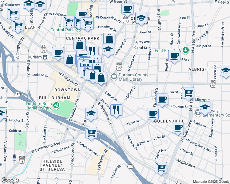map of restaurants, bars, coffee shops, grocery stores, and more near 335 East Main Street in Durham