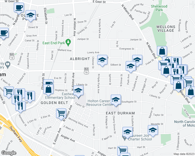 map of restaurants, bars, coffee shops, grocery stores, and more near 713 North Hyde Park Avenue in Durham