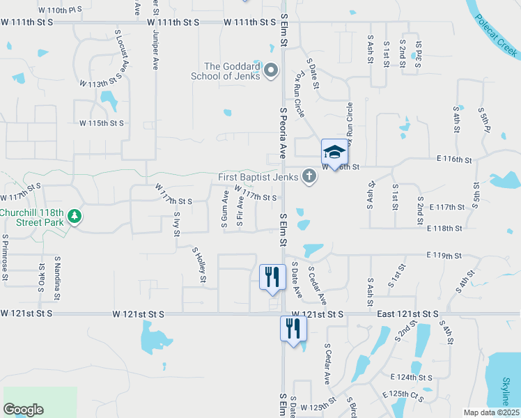 map of restaurants, bars, coffee shops, grocery stores, and more near 11709 South Forest Avenue in Jenks