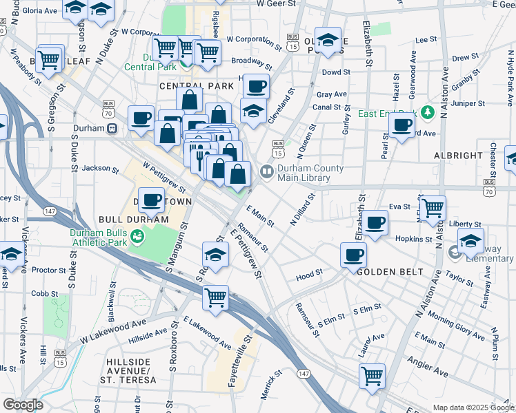 map of restaurants, bars, coffee shops, grocery stores, and more near 318 Liberty Street in Durham