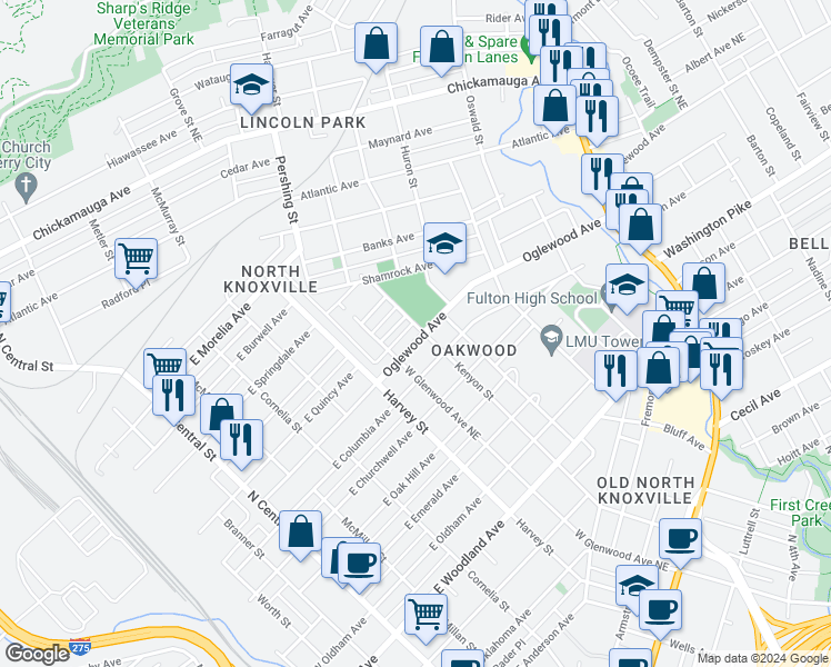 map of restaurants, bars, coffee shops, grocery stores, and more near 725 Oglewood Avenue in Knoxville