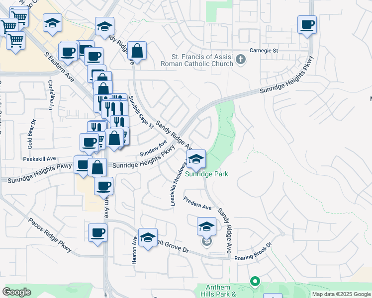 map of restaurants, bars, coffee shops, grocery stores, and more near 2413 Indian Pony Court in Henderson