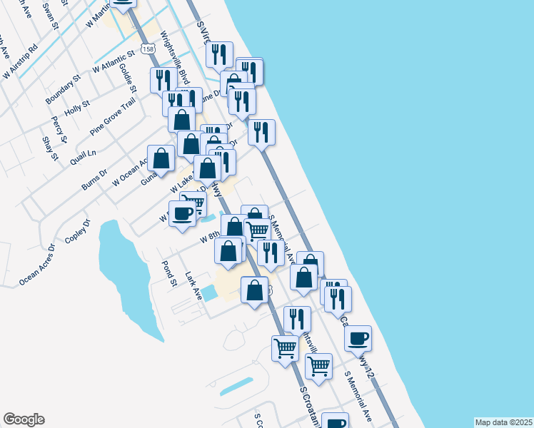 map of restaurants, bars, coffee shops, grocery stores, and more near 270-310 East 8th Street in Nags Head