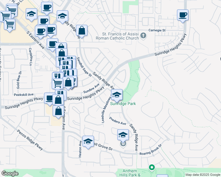 map of restaurants, bars, coffee shops, grocery stores, and more near 2413 Indian Pony Court in Henderson