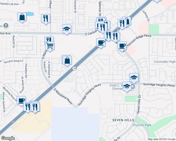 map of restaurants, bars, coffee shops, grocery stores, and more near 3220 Daffodil Ridge Street in Henderson