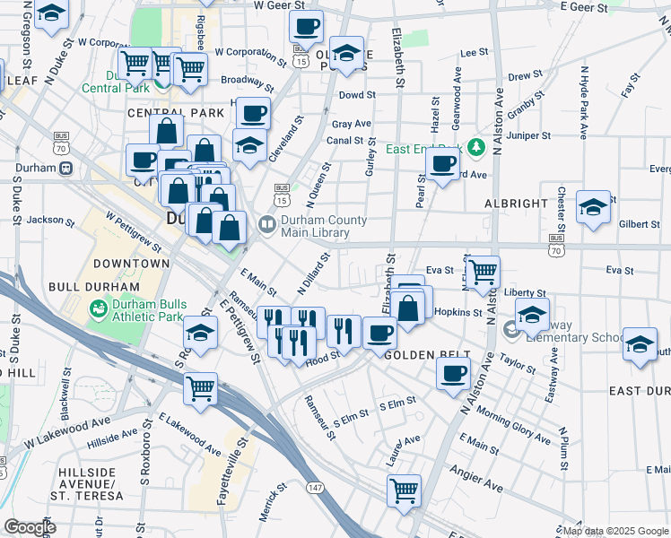 map of restaurants, bars, coffee shops, grocery stores, and more near 218 North Dillard Street in Durham