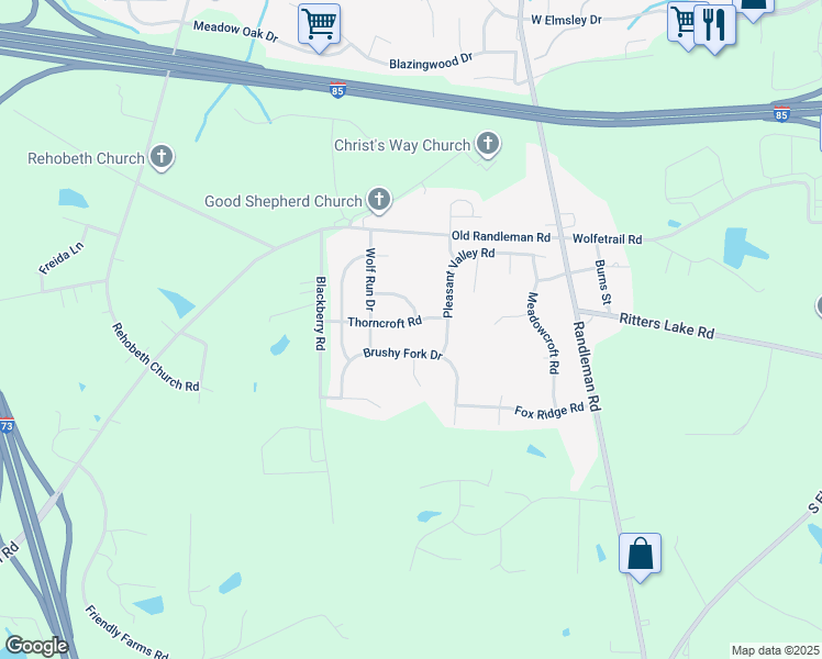 map of restaurants, bars, coffee shops, grocery stores, and more near 905 Thorncroft Road in Greensboro