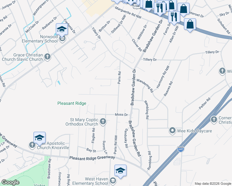 map of restaurants, bars, coffee shops, grocery stores, and more near 1605 Paris Road in Knoxville