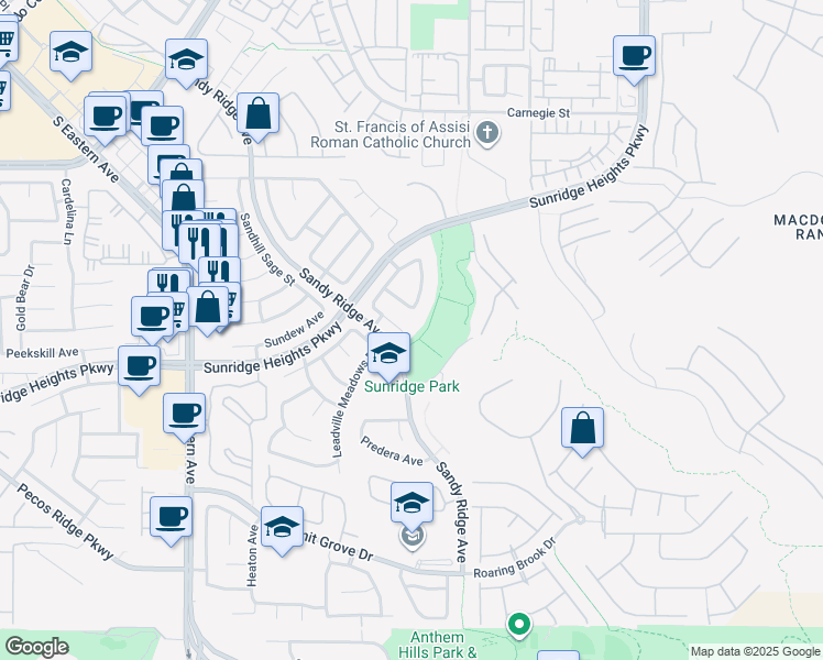 map of restaurants, bars, coffee shops, grocery stores, and more near 2400 Indian Pony Court in Henderson