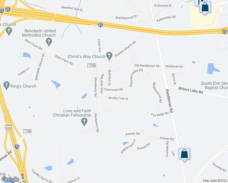 map of restaurants, bars, coffee shops, grocery stores, and more near 915 Thorncroft Road in Greensboro