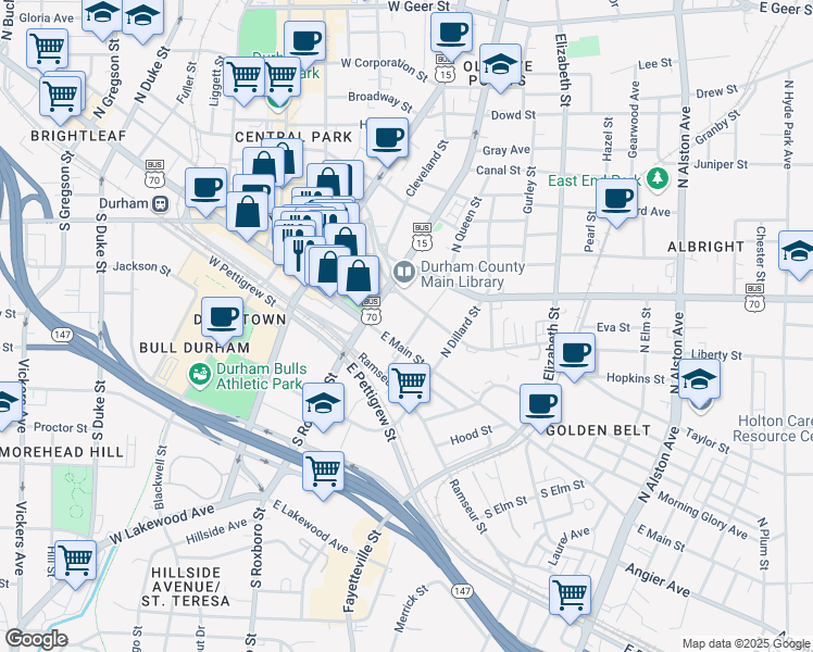 map of restaurants, bars, coffee shops, grocery stores, and more near 318 Liberty Street in Durham