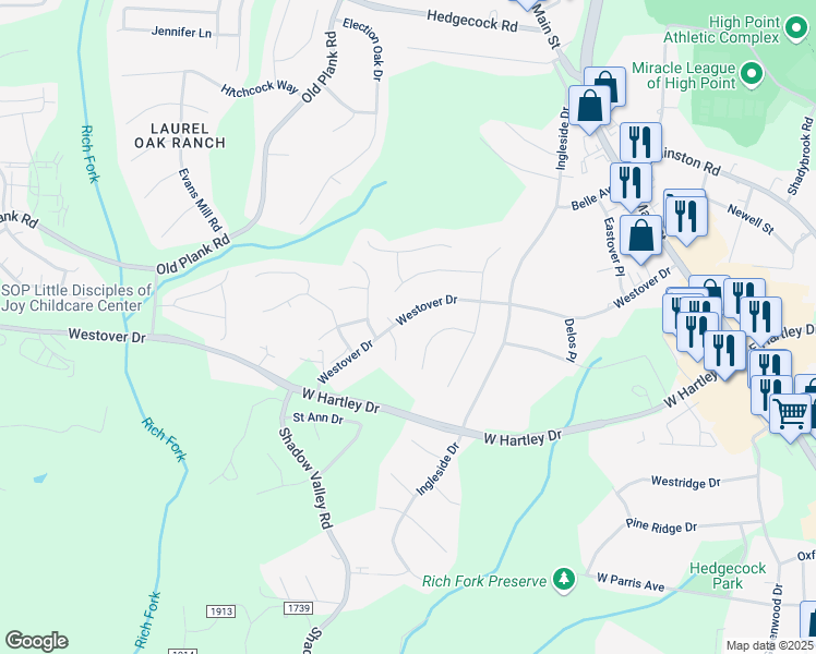 map of restaurants, bars, coffee shops, grocery stores, and more near 613 Westover Drive in High Point