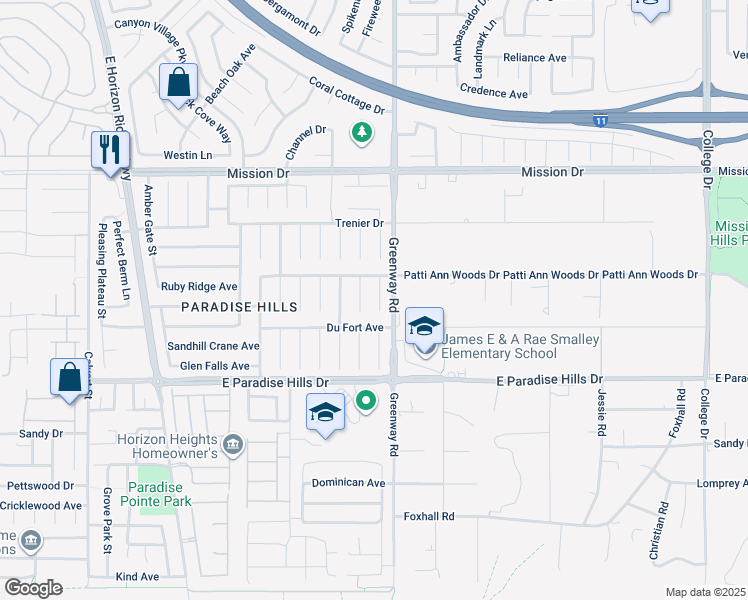map of restaurants, bars, coffee shops, grocery stores, and more near 1055 Lush Hillside Court in Henderson