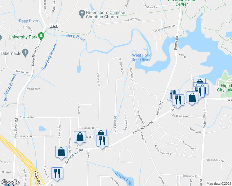 map of restaurants, bars, coffee shops, grocery stores, and more near 693 Dogwood Circle in High Point