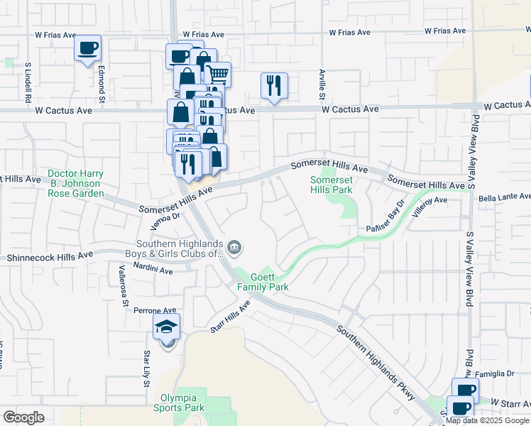 map of restaurants, bars, coffee shops, grocery stores, and more near 10784 Bramante Drive in Las Vegas