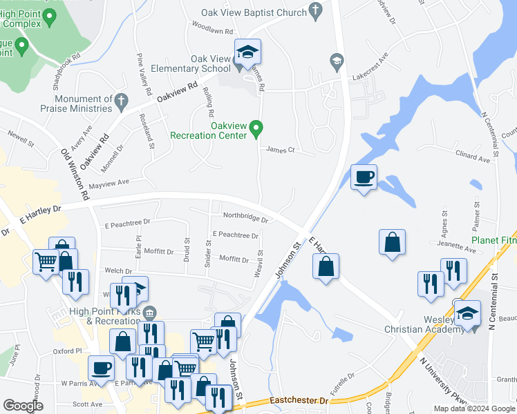 map of restaurants, bars, coffee shops, grocery stores, and more near 2 James Road in High Point