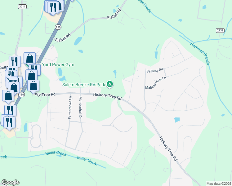 map of restaurants, bars, coffee shops, grocery stores, and more near 2730 Hickory Tree Road in Winston-Salem