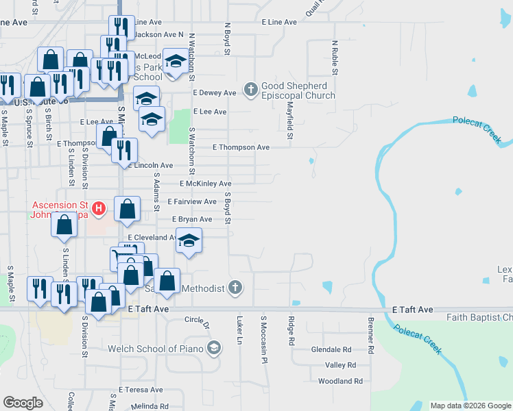 map of restaurants, bars, coffee shops, grocery stores, and more near 1421 East Fairview Avenue in Sapulpa