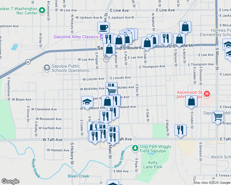 map of restaurants, bars, coffee shops, grocery stores, and more near 403 South Water Street in Sapulpa