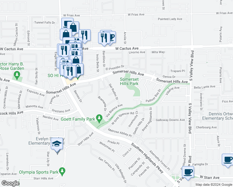 map of restaurants, bars, coffee shops, grocery stores, and more near 10790 Del Rudini Street in Las Vegas