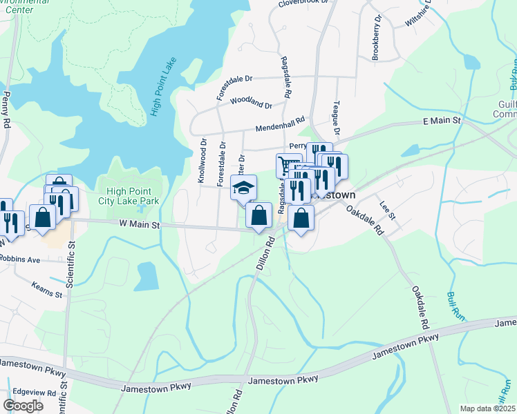 map of restaurants, bars, coffee shops, grocery stores, and more near 200 West Main Street in Jamestown