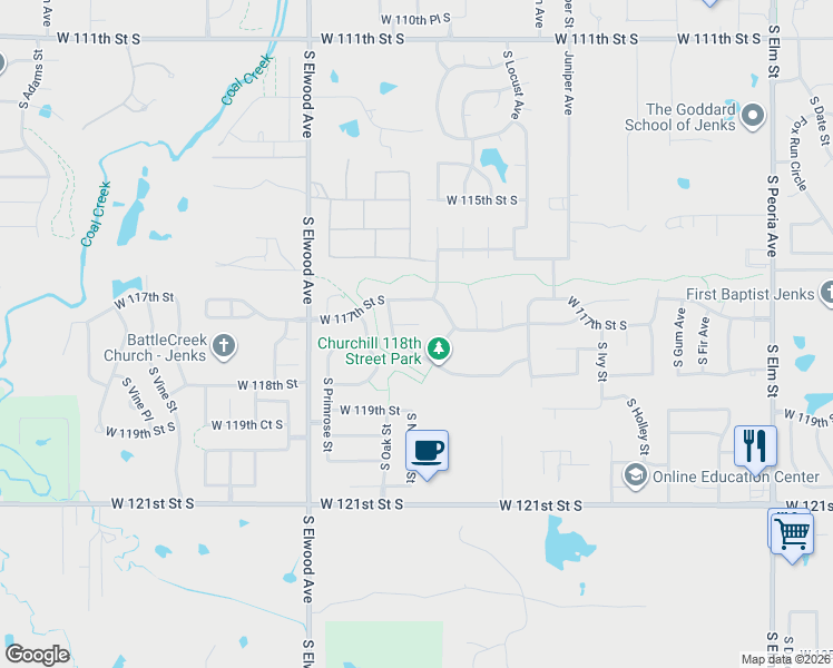 map of restaurants, bars, coffee shops, grocery stores, and more near 1505 West 117th Court South in Jenks