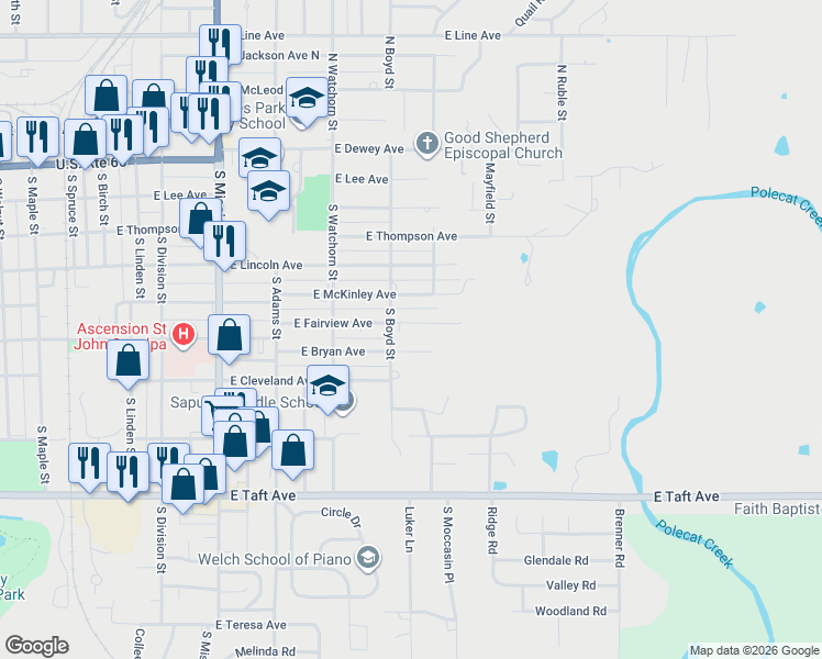map of restaurants, bars, coffee shops, grocery stores, and more near 1407 East Fairview Avenue in Sapulpa