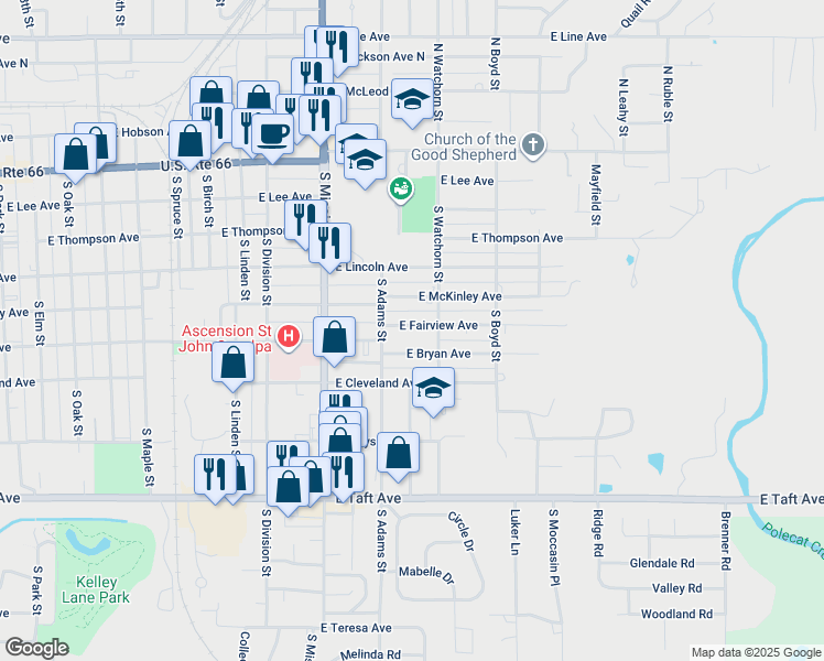 map of restaurants, bars, coffee shops, grocery stores, and more near 1224 East Fairview Avenue in Sapulpa