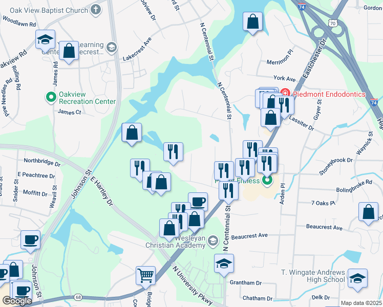 map of restaurants, bars, coffee shops, grocery stores, and more near 2298 Agnes Street in High Point