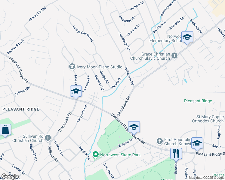 map of restaurants, bars, coffee shops, grocery stores, and more near 3816 Vienna Drive in Knoxville