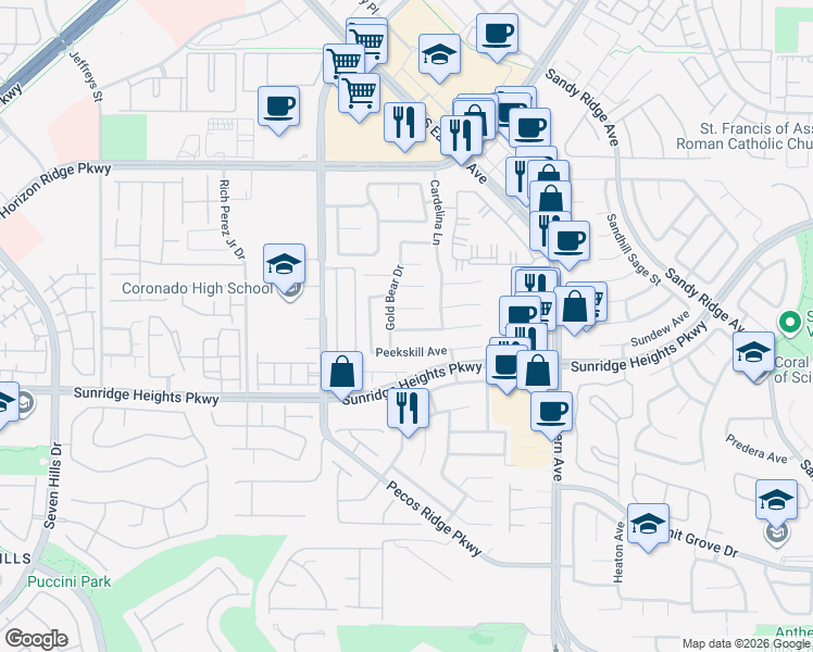 map of restaurants, bars, coffee shops, grocery stores, and more near 2731 La Porte Court in Henderson