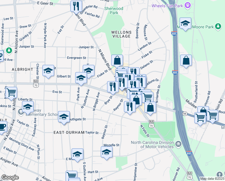 map of restaurants, bars, coffee shops, grocery stores, and more near 1777 Holloway Street in Durham