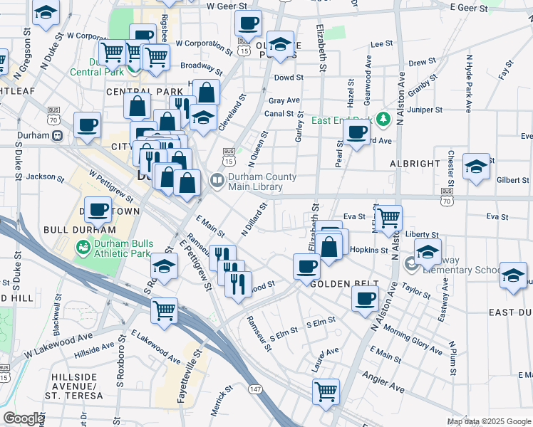 map of restaurants, bars, coffee shops, grocery stores, and more near 218 North Dillard Street in Durham