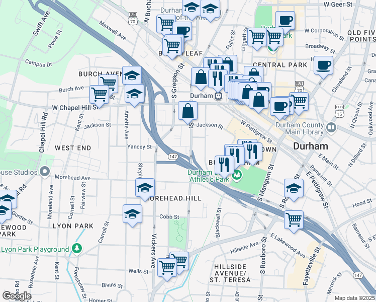 map of restaurants, bars, coffee shops, grocery stores, and more near 600 South Duke Street in Durham