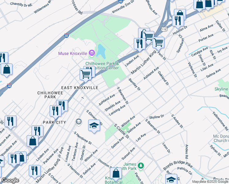 map of restaurants, bars, coffee shops, grocery stores, and more near 3300 Martin Luther King Junior Avenue in Knoxville