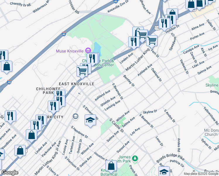 map of restaurants, bars, coffee shops, grocery stores, and more near 3300 Martin Luther King Junior Avenue in Knoxville