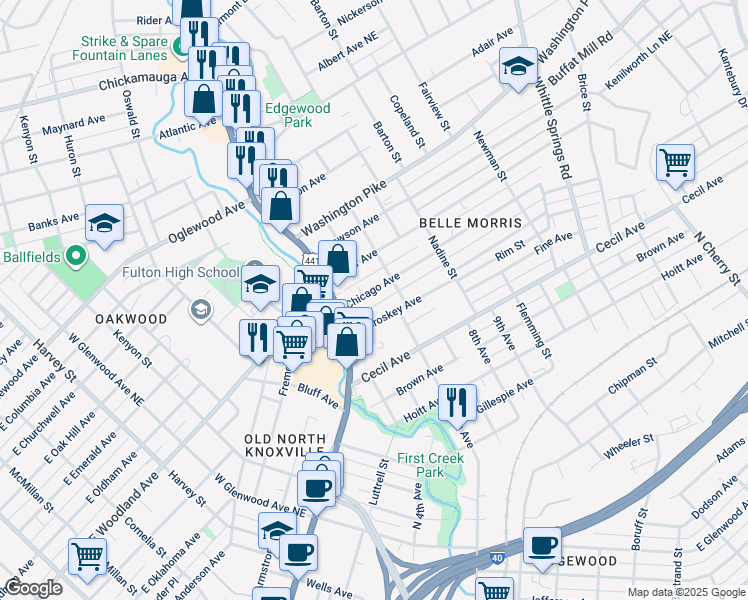 map of restaurants, bars, coffee shops, grocery stores, and more near 1514 Chicago Avenue in Knoxville