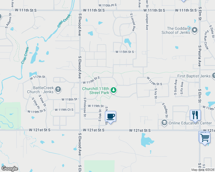map of restaurants, bars, coffee shops, grocery stores, and more near 1505 West 117th Court South in Jenks