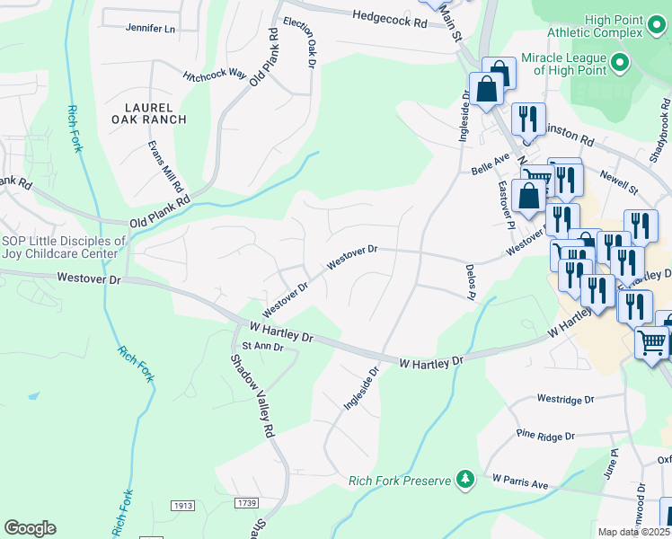 map of restaurants, bars, coffee shops, grocery stores, and more near 613 Westover Drive in High Point